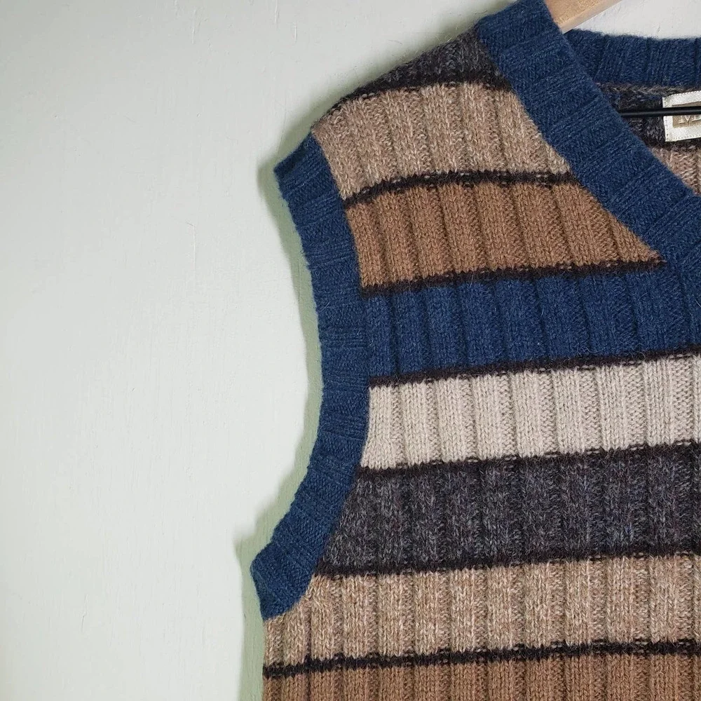 Vintage Maurices Stripe Sweater Vest L Blue‎ Brown Tan Wool